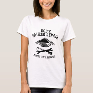 T-shirt with black "Bob's Saucer Repair" logo