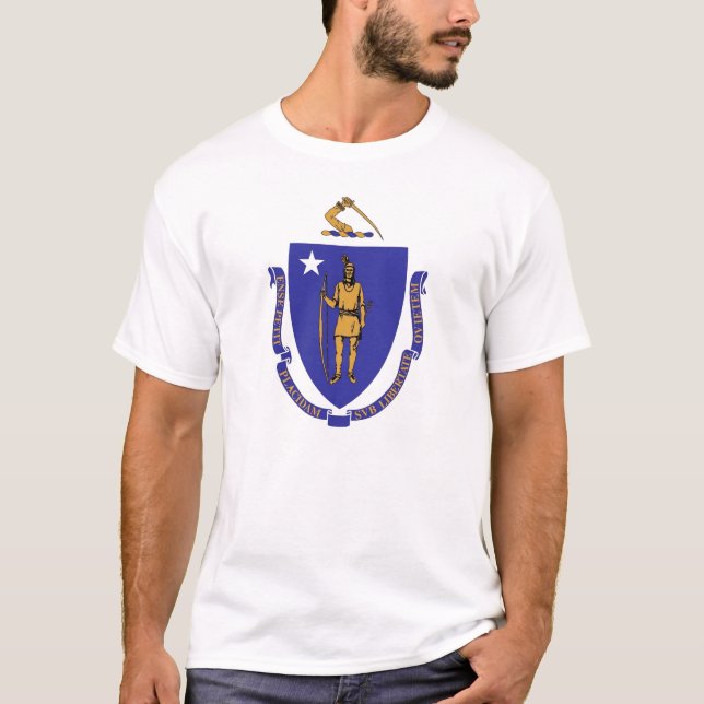 T Shirt with Flag of Massachusetts State USA (Front)