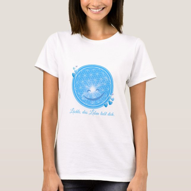 T-Shirt with Flower of Life & Blue Blooms, Heart (Front)