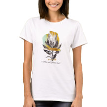 T-shirt with protea flower, gold and text