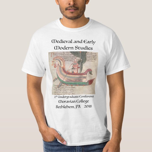 t-shirt with ship from medieval manuscript lg font (Front)