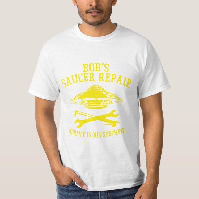 T-shirt with yellow Bob's Saucer Repair logo (Front)
