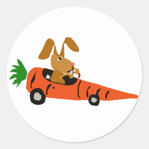 TA_ Funny Bunny Rabbit Driving Carrot Car Cartoon Classic Round Sticker
