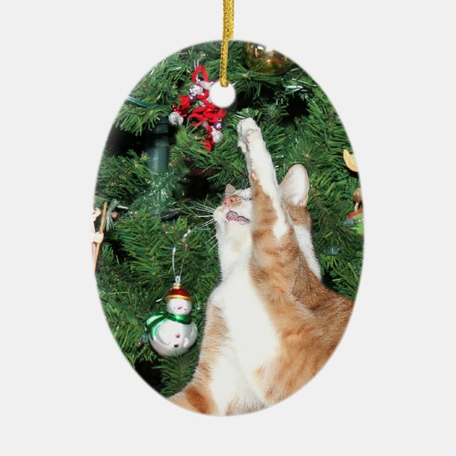 Tabby and Christmas tree Ceramic Ornament (Front)