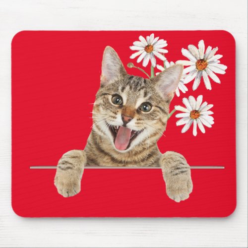 Tabby Cat and Daisies Mouse Pad