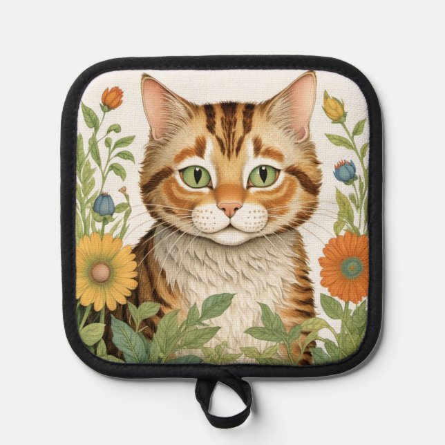 Tabby Cat and Flowers Pot Holder (Front)