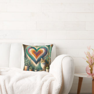 Tabby Cat and Heart Rustic Colorful Art Design Throw Pillow