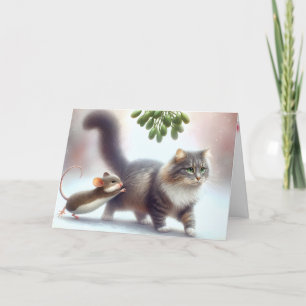 Tabby Cat and Mouse Under a Mistletoe Holiday Card