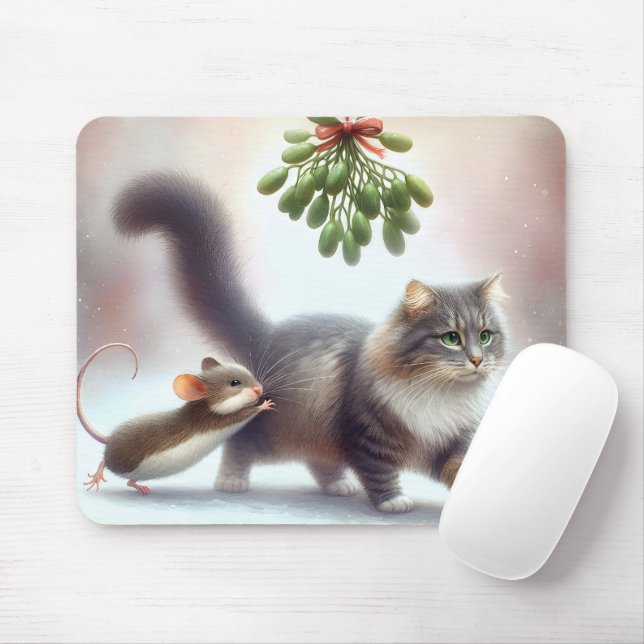 Tabby Cat and Mouse Under a Mistletoe Mouse Pad (With Mouse)