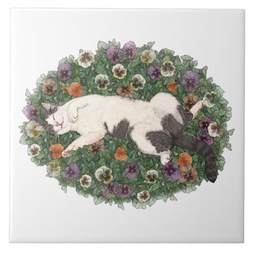 Tabby Cat and Pansies  Ceramic Tile