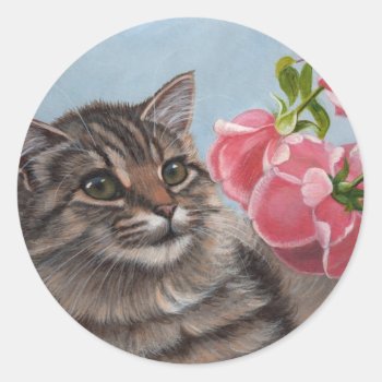 Tabby Cat And Roses Stickers by KMCoriginals at Zazzle