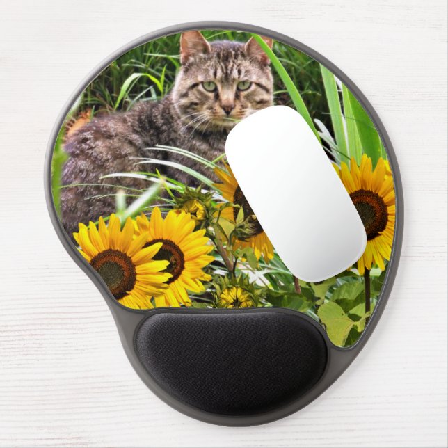 Tabby Cat and Sunflowers Gel Mousepad (Left Side)