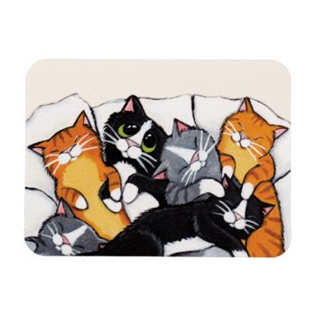 Tabby Cat And Tuxedo Cat Sleepover Magnet by LisaMarieArt at Zazzle