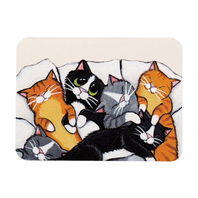 Tabby Cat and Tuxedo Cat Sleepover Magnet (Horizontal)