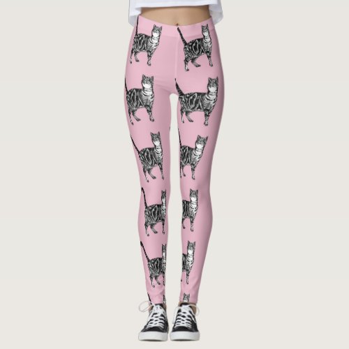 Tabby Cat Animal Black and Pink Leggings