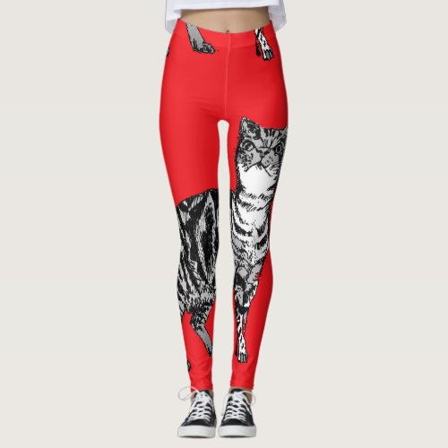 Tabby Cat Animal Black and Red Girls Leggings