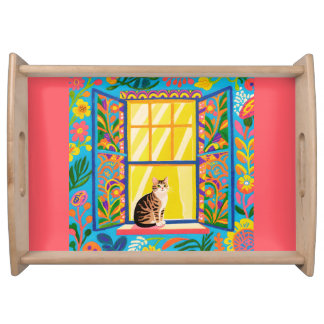 Tabby Cat at Sunny Window| Colorful Flora Serving Tray