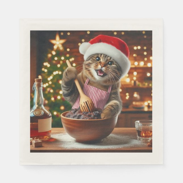 Tabby cat baking boozy christmas pudding  napkins (Front)