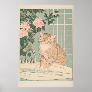 Tabby Cat Bathroom Print Ukiyo-e Japanese Wall Art