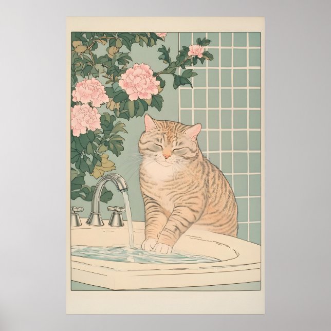 Tabby Cat Bathroom Print Ukiyo-e Japanese Wall Art (Front)