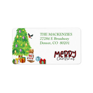Tabby Cat, Bird, Christmas Tree Return Address Label