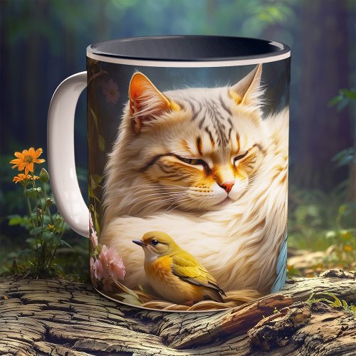 Tabby Cat_Bird Nesting With Three Birds Two_Tone Coffee Mug