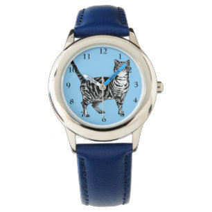 Tabby Cat Black White Cats Cute Blue Girls Watch