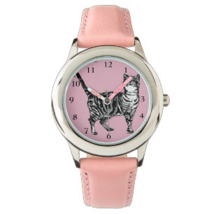 Tabby Cat Black White Cats Cute Pink  Girls Watch