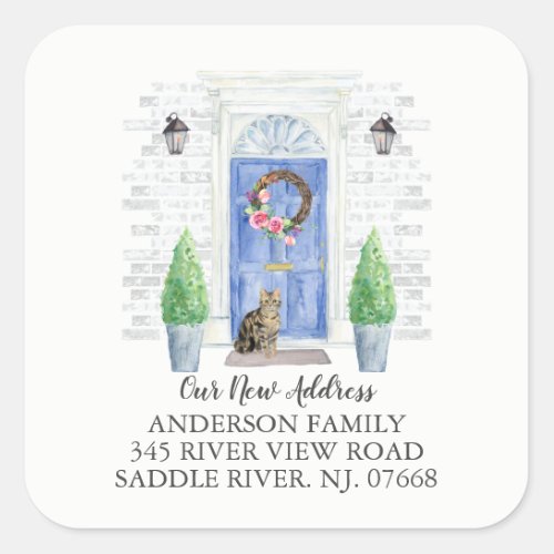 Tabby Cat Blue Door New Address Label Sticker