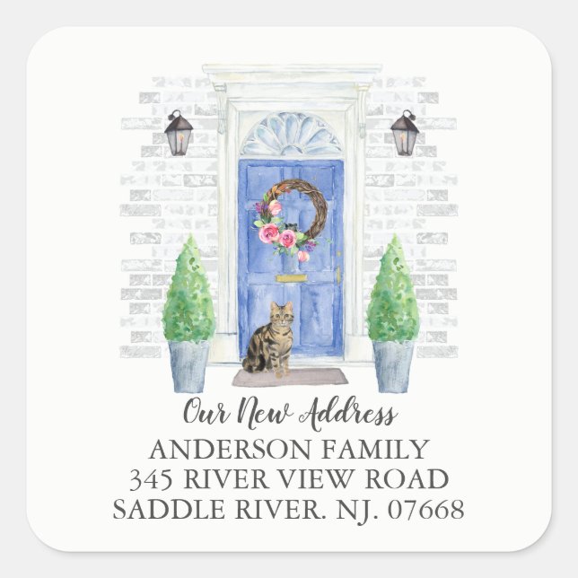 Tabby Cat Blue Door New Address Label Sticker (Front)