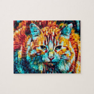 Tabby Cat Boho Orange Blue Colorful Hippie Jigsaw Puzzle