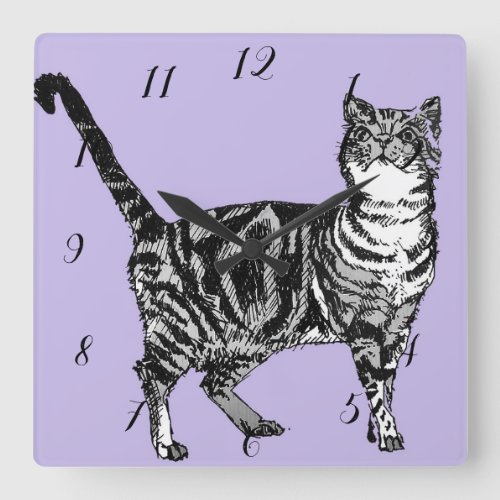 Tabby Cat Cats Animal Childs Kids pastel Purple Sq Square Wall Clock