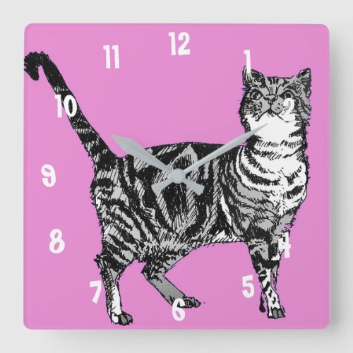 Tabby Cat Cats Art Animal Childs Hot Pink Decor Square Wall Clock