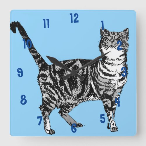 Tabby Cat Cats Art Animal Childs Light Blue Square Wall Clock