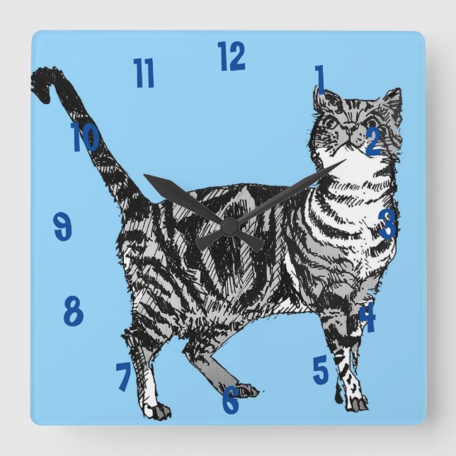 Tabby Cat Cats Art Animal Childs Light Blue Square Wall Clock (Front)