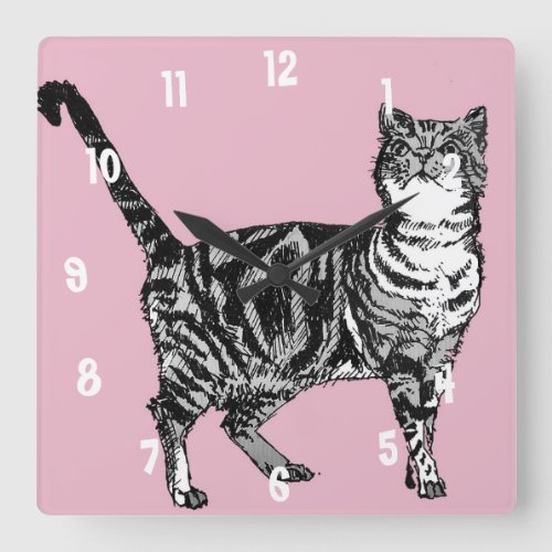 Tabby Cat Cats Art Animal Childs Pastel Pink Decor Square Wall Clock