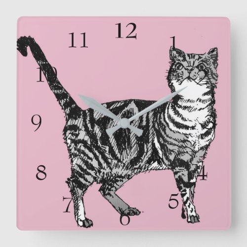 Tabby Cat Cats Art Animal Childs Pastel Pink Decor Square Wall Clock