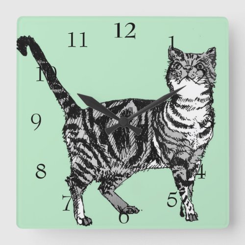 Tabby Cat Cats Art Animal Mint Green Decor Square Wall Clock