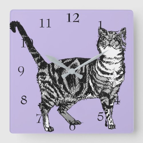 Tabby Cat Cats Art Animal Pastel Purple Lavender Square Wall Clock