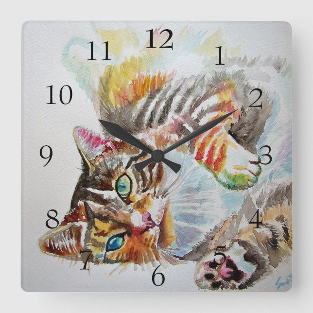 Tabby Cat Cats Cute Watercolour Painting Decor Square Wall Clock (Front)