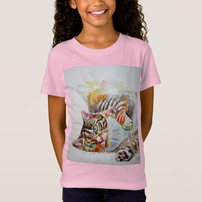 Tabby Cat cats cute watercolour pink Girls T Shirt (Front)