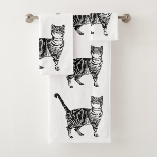 Tabby Cat Cats Girls Black White Art Towel Set