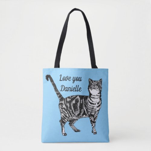 Tabby Cat Cats light Blue Girls Name Tote Bag