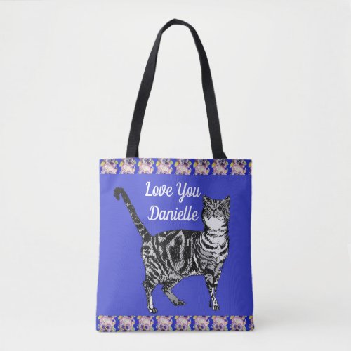 Tabby Cat Cats Navy Blue Girls Name Tote Bag