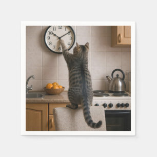 Tabby Cat Changing the Time On a Clock Napkins