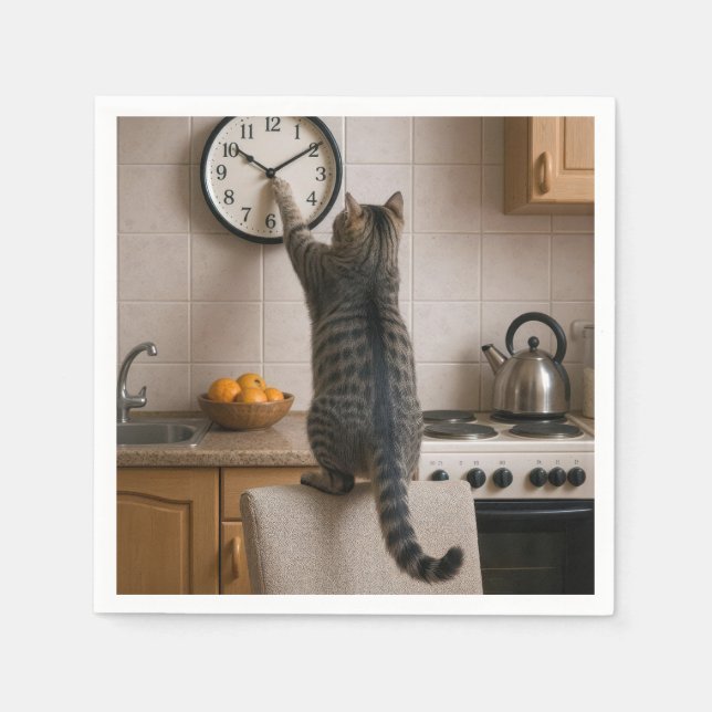 Tabby Cat Changing the Time On a Clock Napkins (Front)