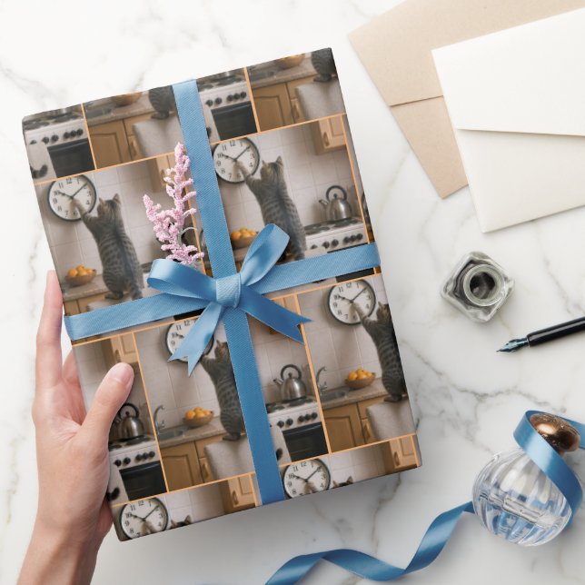 Tabby Cat Changing the Time On a Clock Wrapping Paper (Gifting)