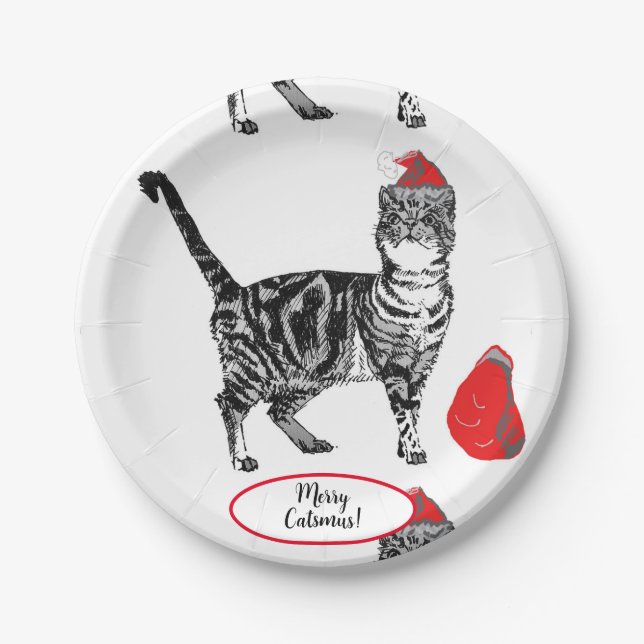 Tabby Cat Christmas Cats Red White Funny Paper Pla Plates (Front)