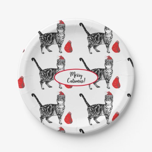 Tabby Cat Christmas Cats Red White Funny Paper Plates