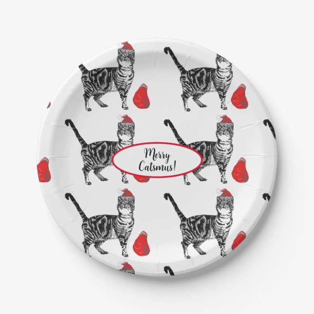 Tabby Cat Christmas Cats Red White Funny Paper Plates (Front)